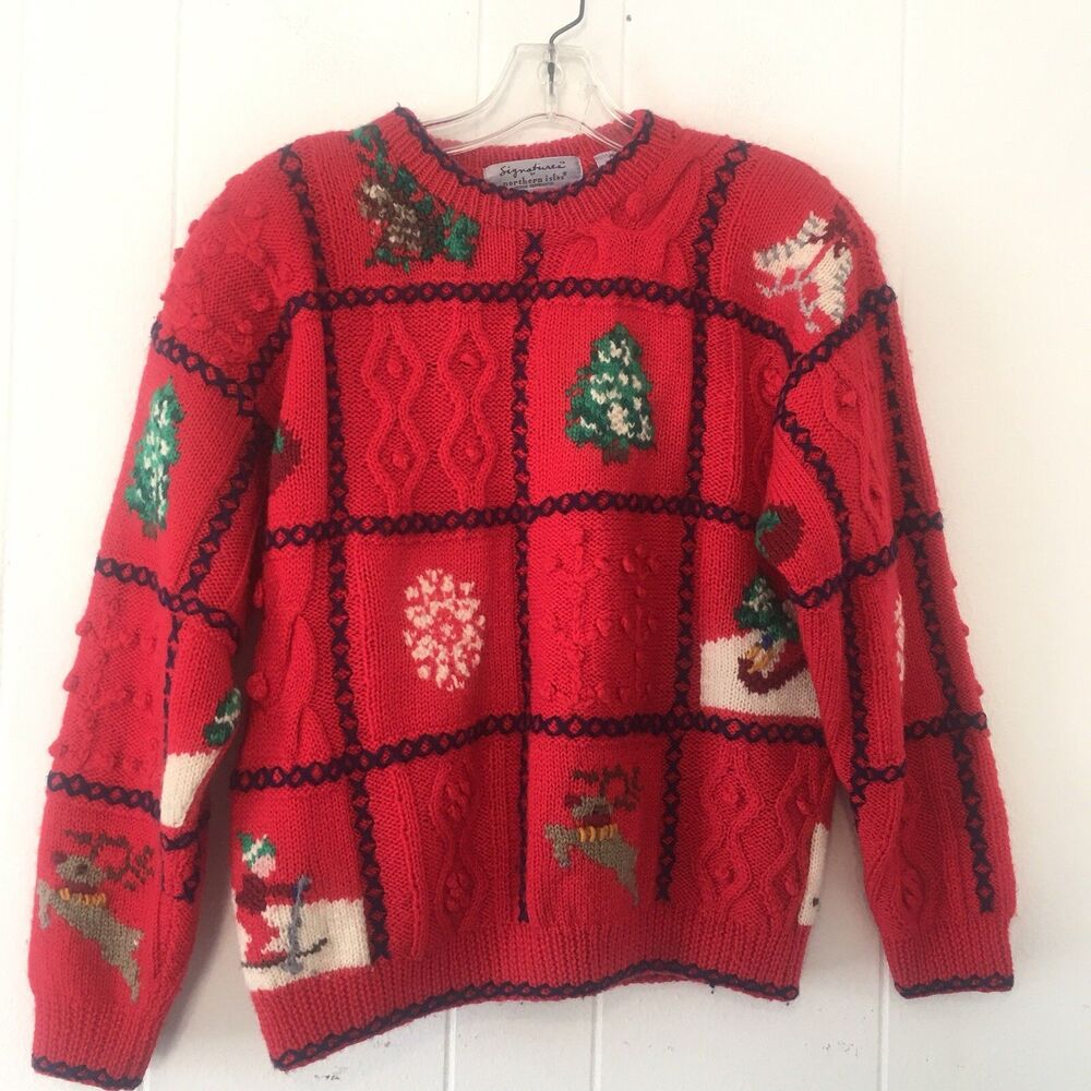 Vtg Northern Isle Womens Smalls Ugly Christmas Sweater 100% Wool Patchwork Red